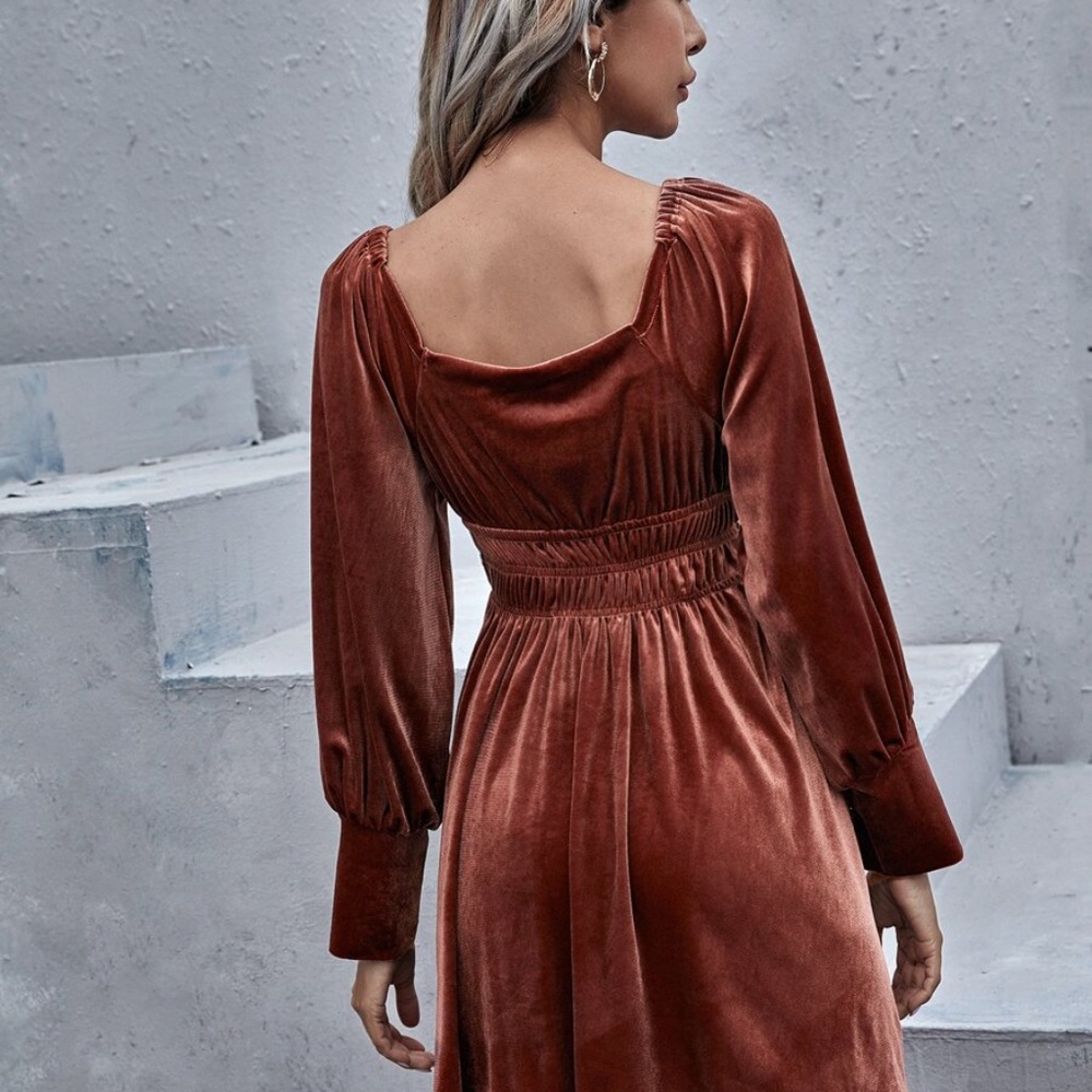 rust long sleeve ruched waist square neck dress - Picture 4 of 5